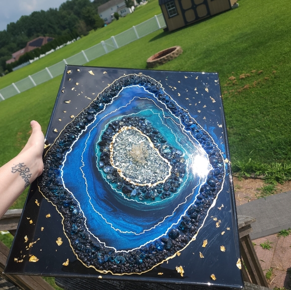 resin geode inspired wall art with real 24k gold flake and crystal quarts - Picture 7 of 17
